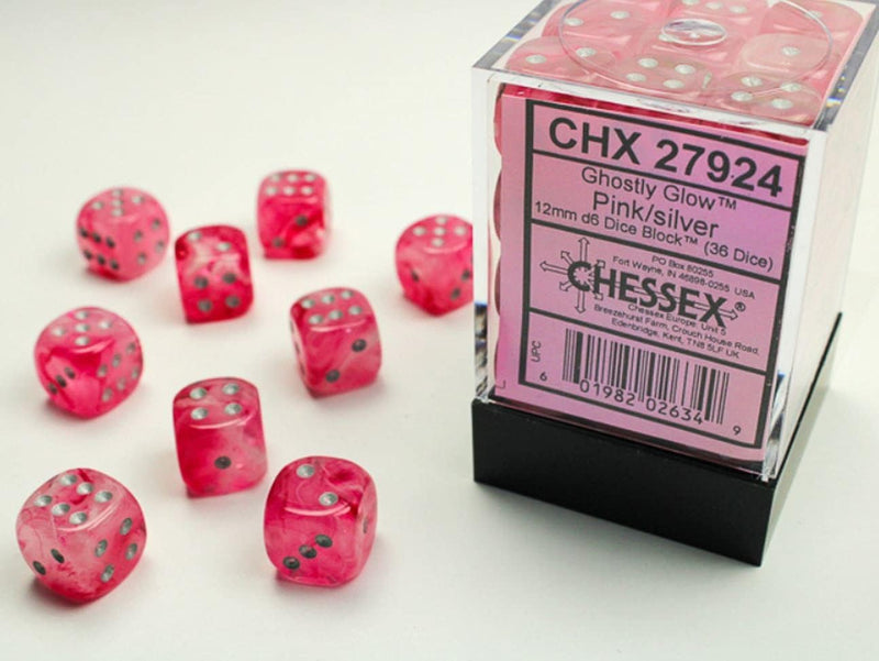 12mm d6 Dice Block (36 Dice - Ghostly Glow: Pink/Silver)
