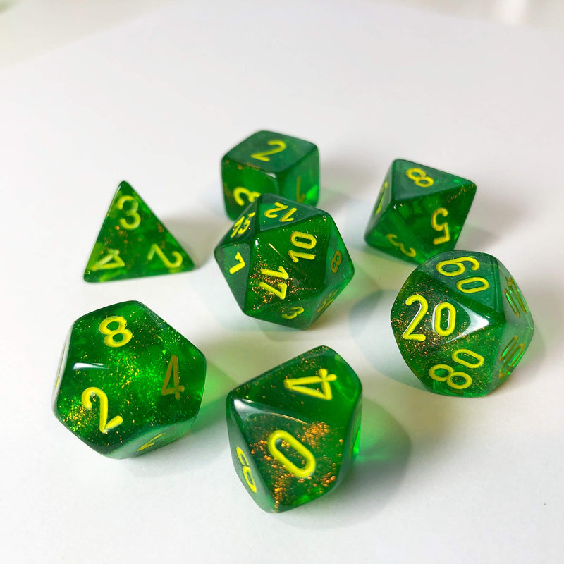 CHESSEX POLYHEDRAL BOREALIS 7-DIE SET MAPLE GREEN/YELLOW