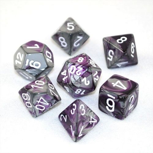 Polyhedral Dice Set: Gemini: 7Pc Purple-Steel/White
