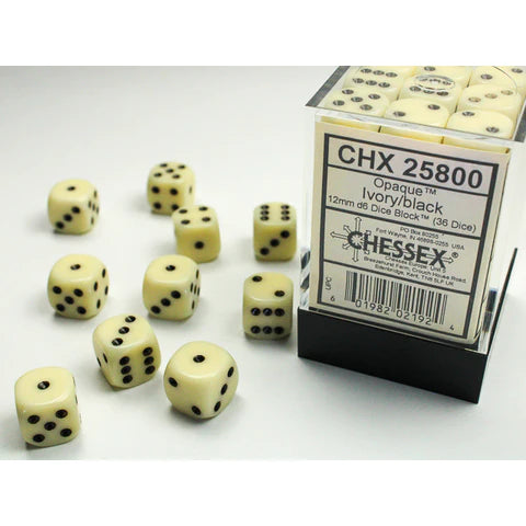12mm d6 Dice Block (36 Dice - Opaque: Ivory/Black)