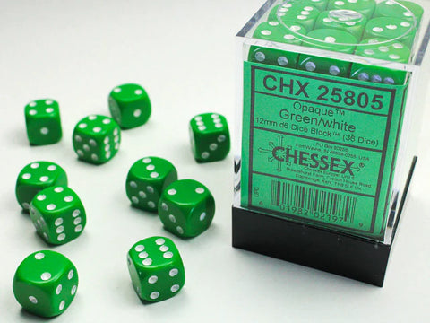 12mm d6 Dice Block (36 Dice - Opaque: Green/White)