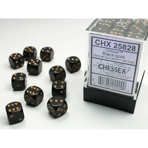 12mm d6 Dice Block (36 Dice - Opaque: Black/Gold)