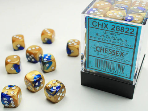 12mm d6 Dice Block (36 Dice - Gemini: Blue-Gold/White)