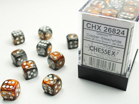 12mm d6 Dice Block (36 Dice - Gemini: Copper-Steel/White)