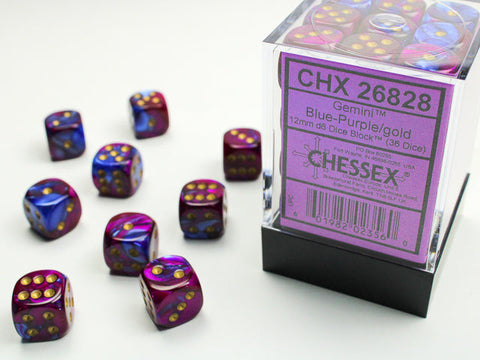 12mm d6 Dice Block (36 Dice - Gemini: Blue-Purple/Gold)