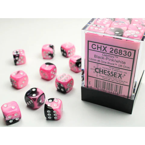 12mm d6 Dice Block (36 Dice - Gemini: Black-Pink/White)