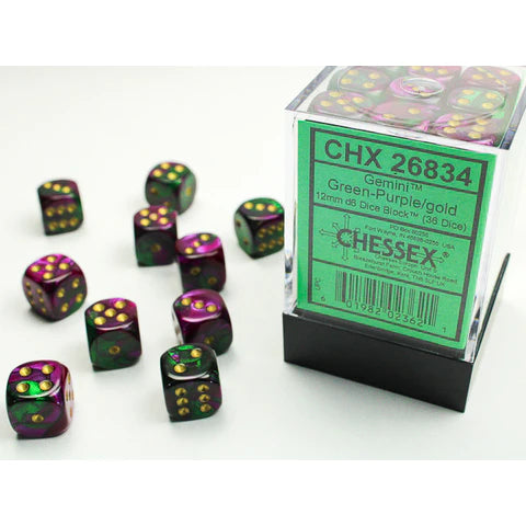 12mm d6 Dice Block (36 Dice - Gemini:  Green-Purple/Gold)