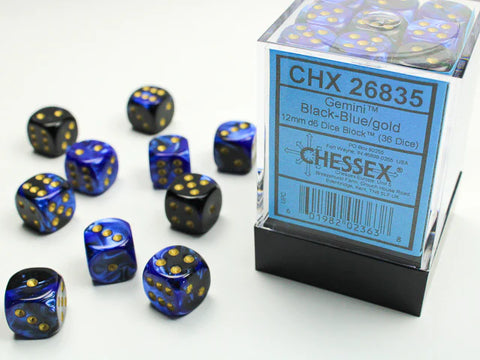 12mm d6 Dice Block (36 Dice - Gemini:  Black-Blue/Gold)