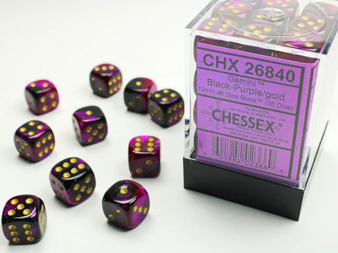 12mm d6 Dice Block (36 Dice - Gemini: Black-Purple/Gold)