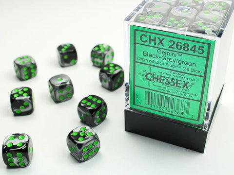 12mm d6 Dice Block (36 Dice - Gemini: Black-Grey/Green)