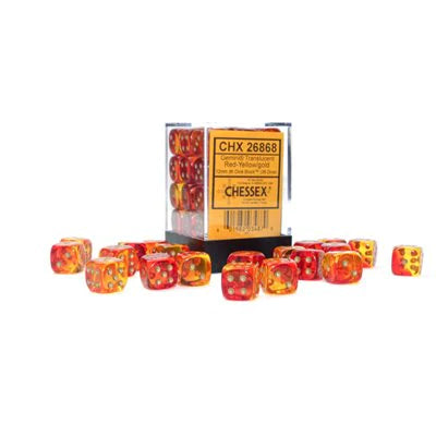 12mm d6 Dice Block (36 Dice - Gemini: Translucent Red-Yellow / Gold)