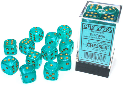 Dice: 12x D6: 16 mm: Borealis: Teal / Gold Luminary