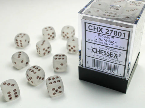 12mm d6 Dice Block (36 Dice - Frosted: Clear/Black)