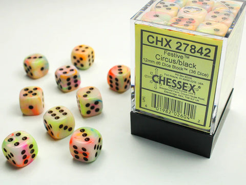 12mm d6 Dice Block (36 Dice - Festive: Circus/Black)