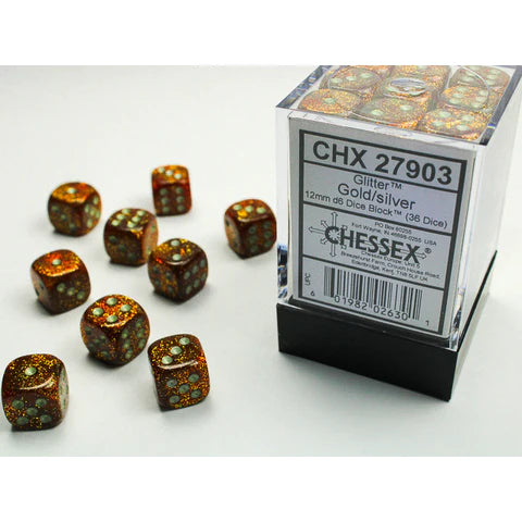12mm d6 Dice Block (36 Dice - Glitter: Gold/Silver)