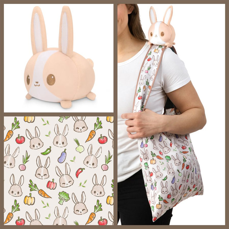 Tote Bag with Plushie: (Light Brown Bunnies & Veggies + Light Brown Bunny)