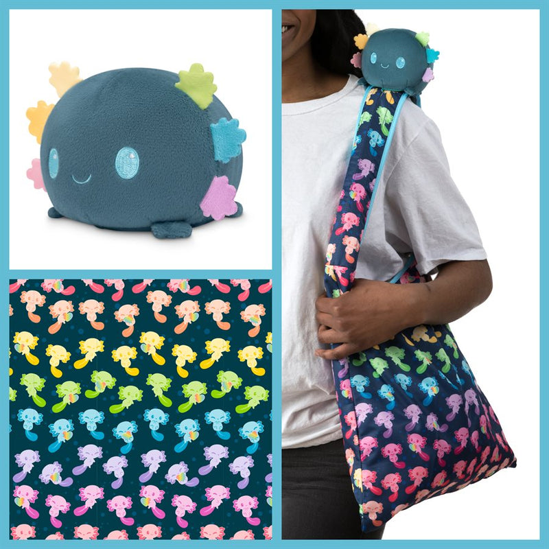 Tote Bag with Plushie: (Dark Blue Rainbow Axolotls + Blue (Rainbow Gills)
