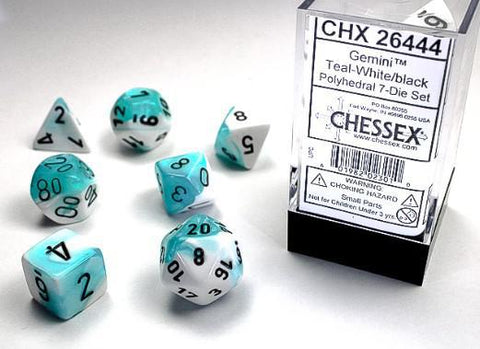 CHESSEX POLYHEDRAL GEMINI 7-DIE SET TEAL-WHITE/BLACK