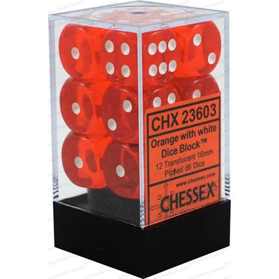 Dice: 12x D6: 16 mm: Translucent: Orange / White