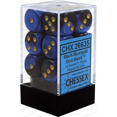 Dice: 12x D6: 16 mm: Gemini: Black-Blue / Gold