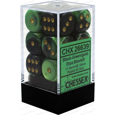 Dice: 12x D6: 16 mm: Gemini: Black-Green / Gold