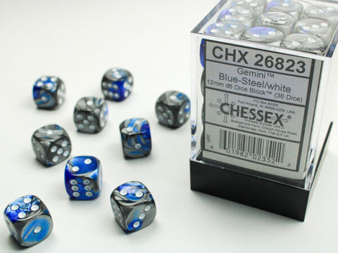 12mm d6 Dice Block (36 Dice - Gemini: Blue-Steel/White)