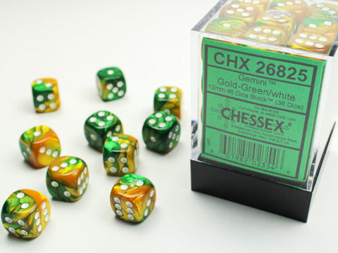 12mm d6 Dice Block (36 Dice - Gemini: Gold-Green/White)
