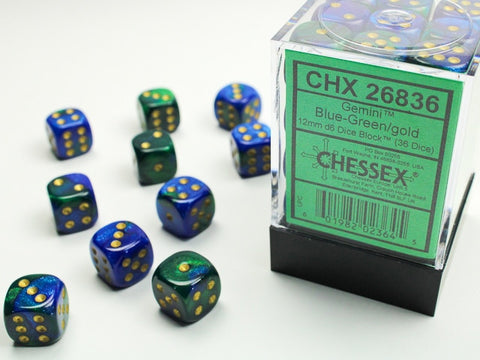 12mm d6 Dice Block (36 Dice - Gemini: Blue-Green/Gold)