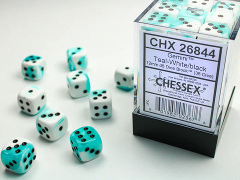 12mm d6 Dice Block (36 Dice - Gemini: Teal-White/Black)