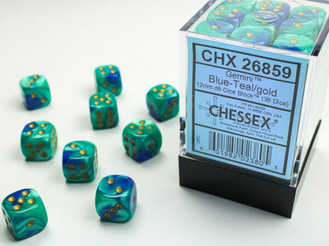 12mm d6 Dice Block (36 Dice - Gemini: Blue-Teal/Gold)