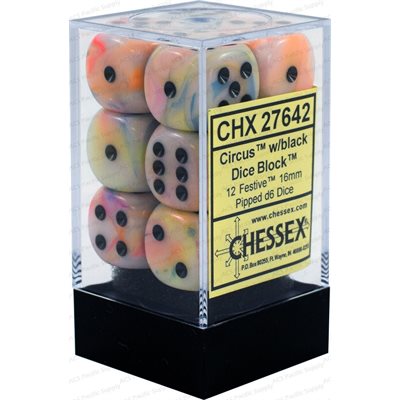 Dice: 12x D6: 16 mm: Festive: Circus / Black
