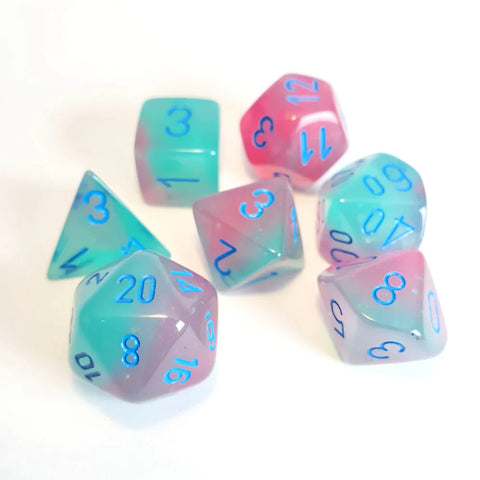 Polyhedral Dice Set: Gemini: 7Pc Polyhedral Gel Green- Pink/Blue Luminary