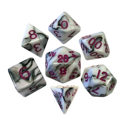 Dice: Acrylic 16mm 7pc Set: Marble: Purple Numbers