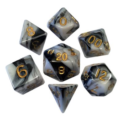 Dice: Acrylic 16mm 7pc Set: Marble: Gold Numbers