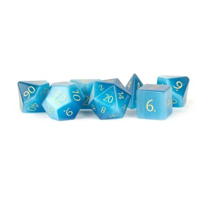Dice: Stone 16mm 7pc Set: Engraved Cat's Eye Aquamarine