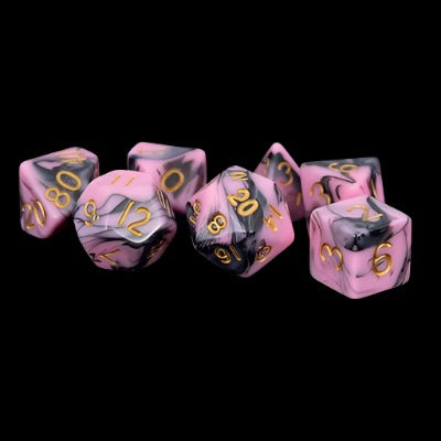 Acrylic 16mm 7-piece Dice Set: Pink and Black with Gold Numbers