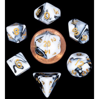 Dice: Mini 10mm 7pc Set: Marble: Gold Numbers