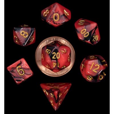 Dice: Mini 10mm 7pc Set: Red / Black w / Gold Numbers