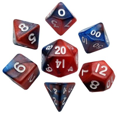 Dice: Mini 10mm 7pc Set: Red / Blue w / White Numbers