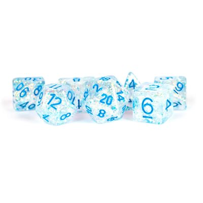 Dice: 7 pc: 16 mm: Resin: Flash Clear with Light Blue Numbers