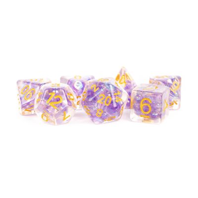 Dice: Resin 16mm 7pc Set: Pearl Purple w/ Gold Numbers