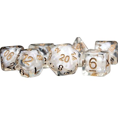 Dice: Resin 16mm 7pc Set: Pearl w/ Copper Numbers