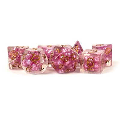 Dice: 7 pc: 16 mm: Resin: Pearl Pink with Copper Numbers