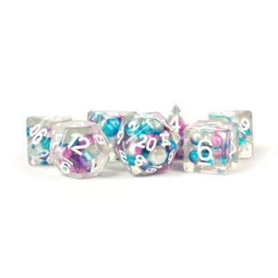 Dice: 7 pc: 16 mm: Resin: Pearl Gradient Purple / Teal / White with White Numbers