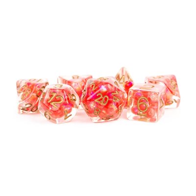 Dice: Resin 16mm 7pc Set: Pearl Red w/ Copper Numbers