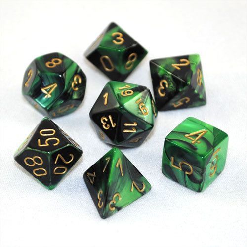Polyhedral Dice Set: Gemini: 7Pc Black-Green/Gold