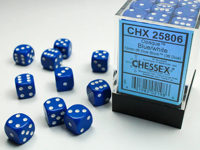 12mm d6 Dice Block (36 Dice - Opaque: Blue/White)