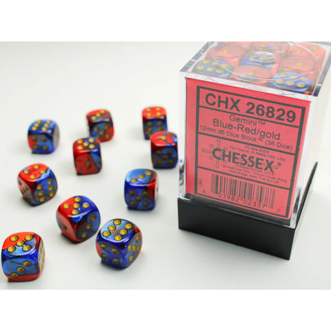 12mm d6 Dice Block (36 Dice - Gemini:  Blue-Red/Gold)