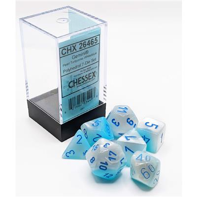 Chessex Polyhedral Gemini 7-Die Set in Turquoise-White with Blue Luminary