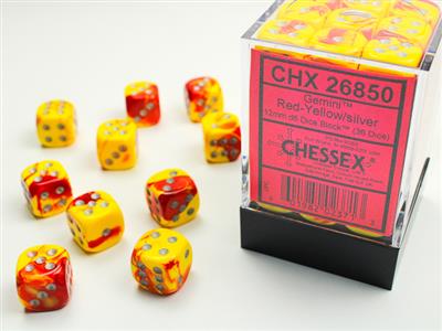12mm d6 Dice Block (36 Dice - Gemini: Red-Yellow/Silver)